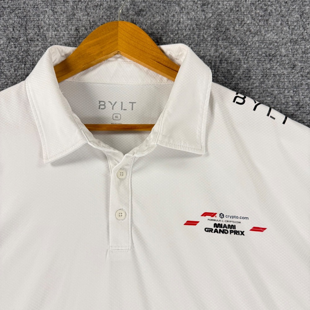 BYLT Miami Grand Prix F1 Polo Men's XL White Performance Stretch Short Sleeve